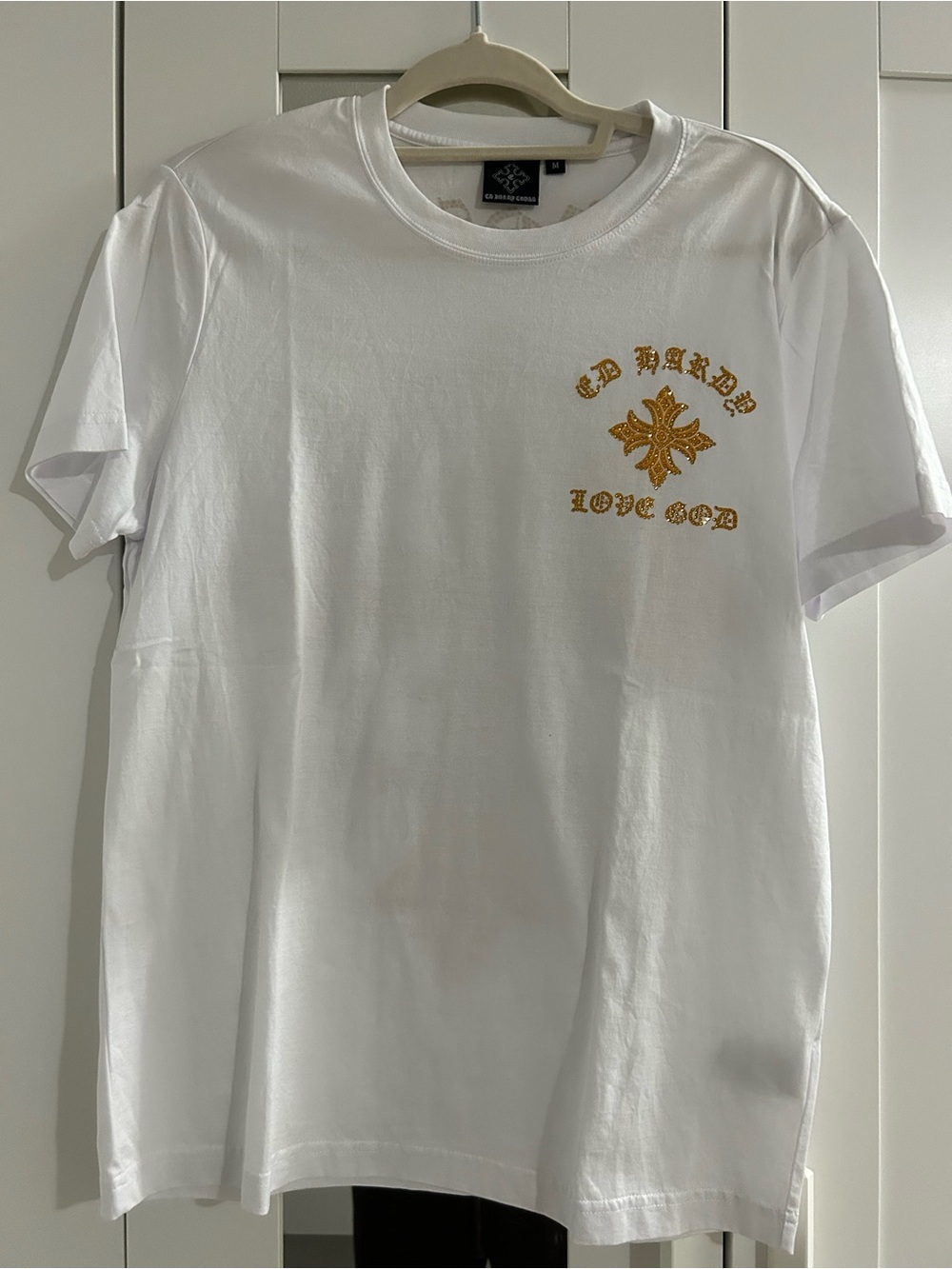 Ed Hardy White Graphic T-Shirt with Gold Chest Emblem